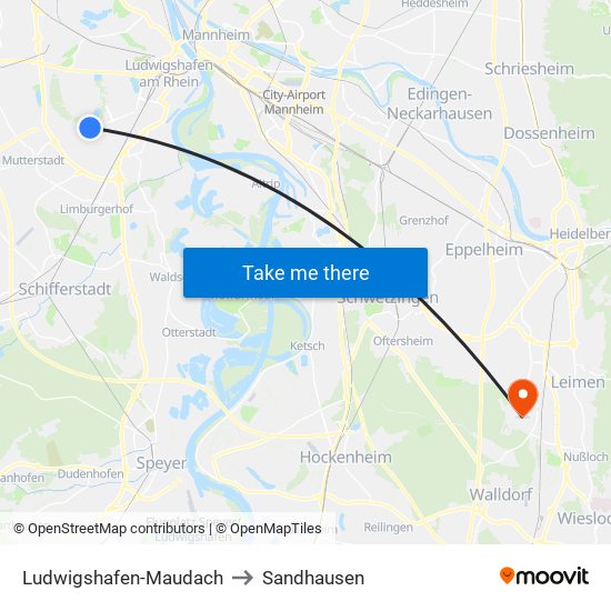 Ludwigshafen-Maudach to Sandhausen map