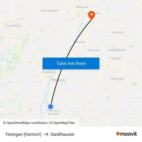 Teningen (Kernort) to Sandhausen map