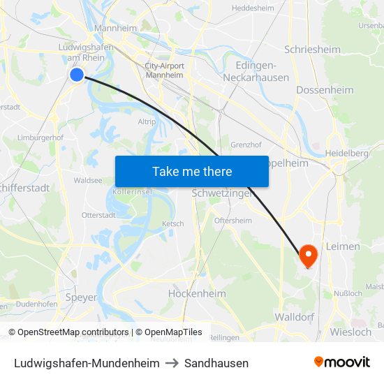 Ludwigshafen-Mundenheim to Sandhausen map