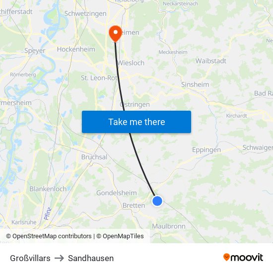 Großvillars to Sandhausen map