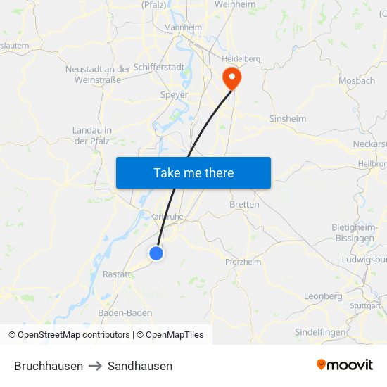 Bruchhausen to Sandhausen map