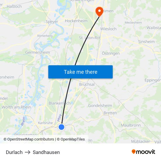 Durlach to Sandhausen map