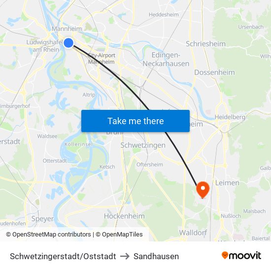 Schwetzingerstadt/Oststadt to Sandhausen map