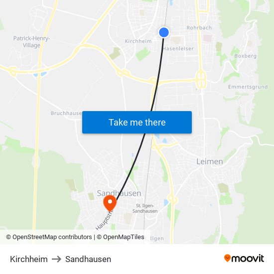 Kirchheim to Sandhausen map