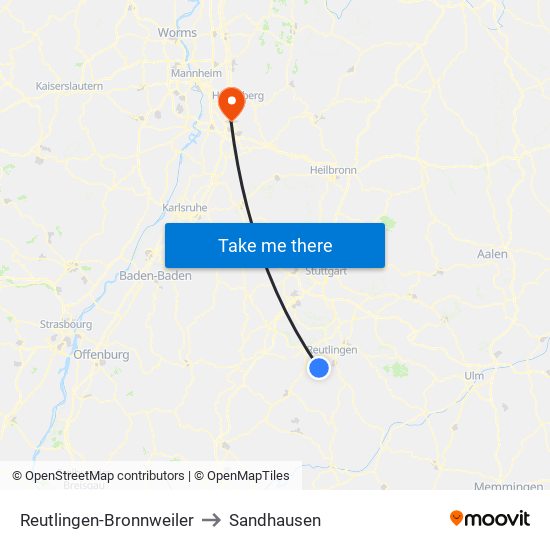 Reutlingen-Bronnweiler to Sandhausen map