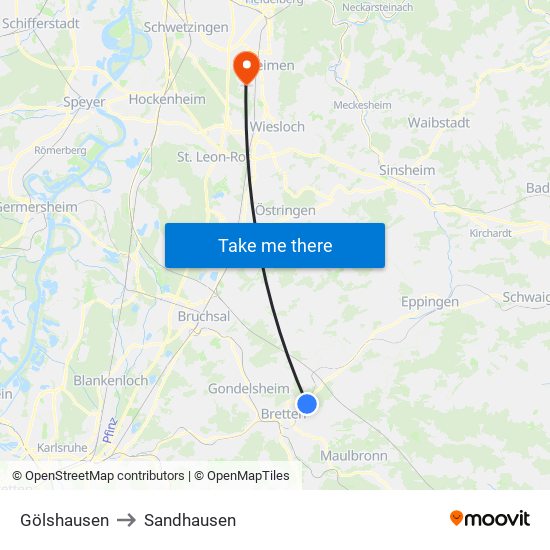Gölshausen to Sandhausen map