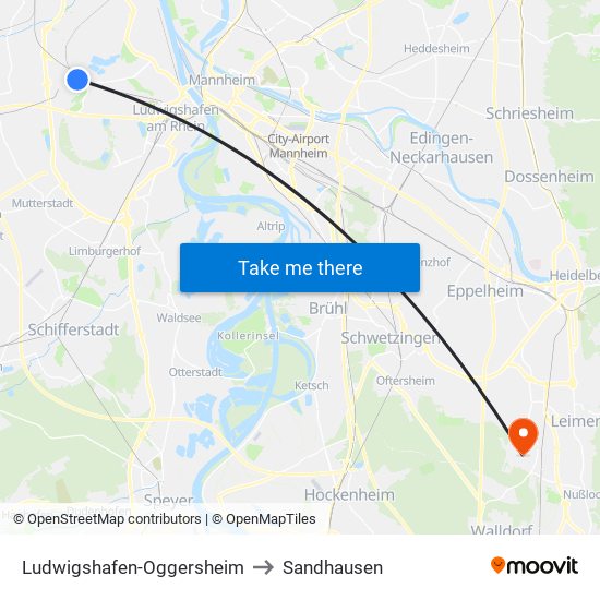 Ludwigshafen-Oggersheim to Sandhausen map