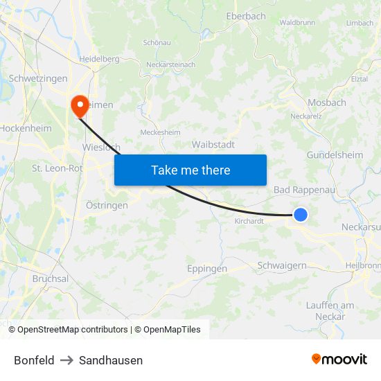 Bonfeld to Sandhausen map