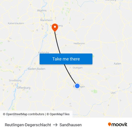 Reutlingen-Degerschlacht to Sandhausen map