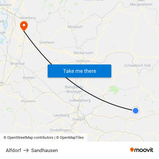 Alfdorf to Sandhausen map