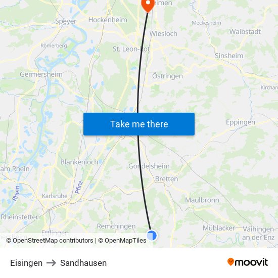 Eisingen to Sandhausen map