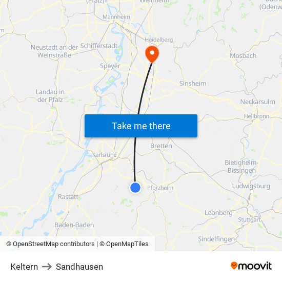 Keltern to Sandhausen map