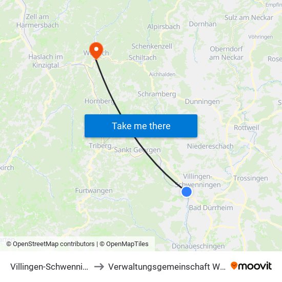 Villingen-Schwenningen to Verwaltungsgemeinschaft Wolfach map