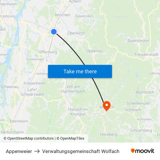 Appenweier to Verwaltungsgemeinschaft Wolfach map