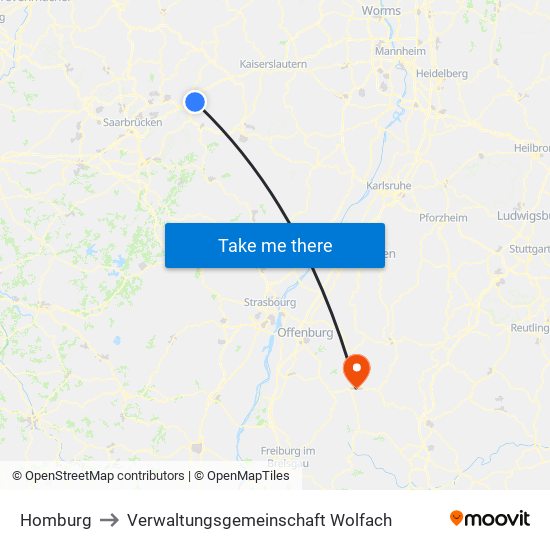 Homburg to Verwaltungsgemeinschaft Wolfach map