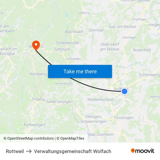 Rottweil to Verwaltungsgemeinschaft Wolfach map
