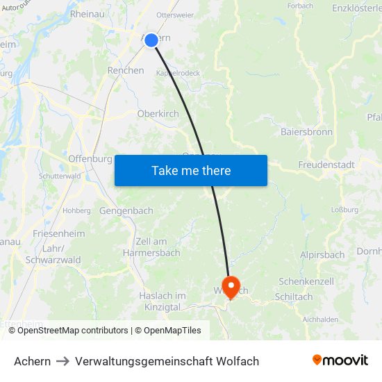 Achern to Verwaltungsgemeinschaft Wolfach map