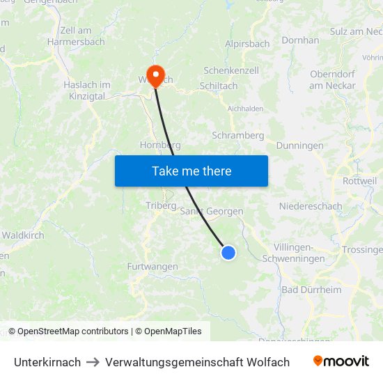 Unterkirnach to Verwaltungsgemeinschaft Wolfach map