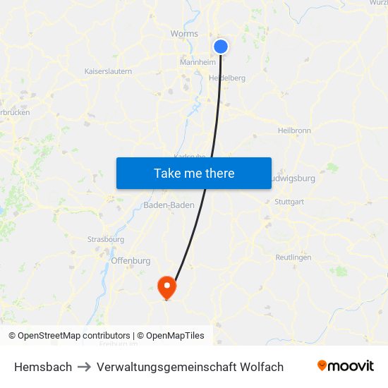 Hemsbach to Verwaltungsgemeinschaft Wolfach map