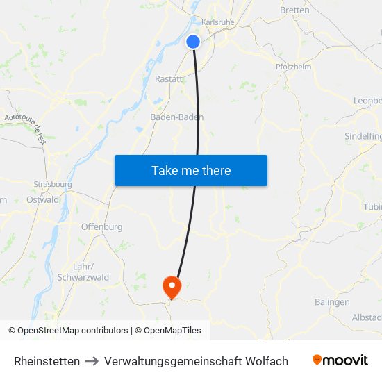 Rheinstetten to Verwaltungsgemeinschaft Wolfach map