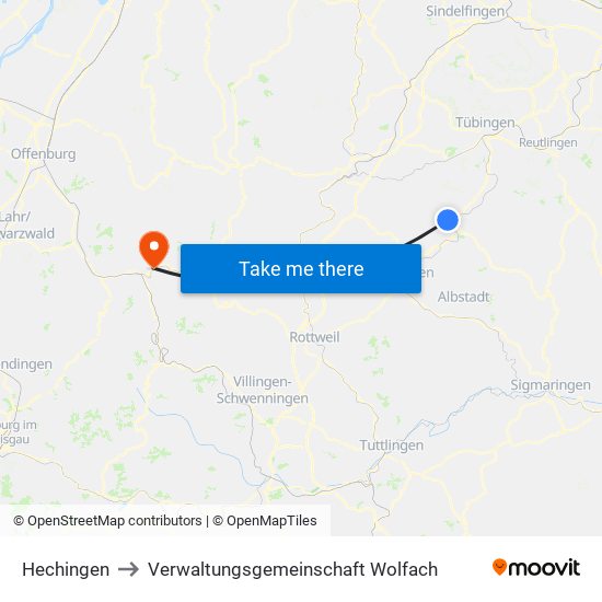 Hechingen to Verwaltungsgemeinschaft Wolfach map
