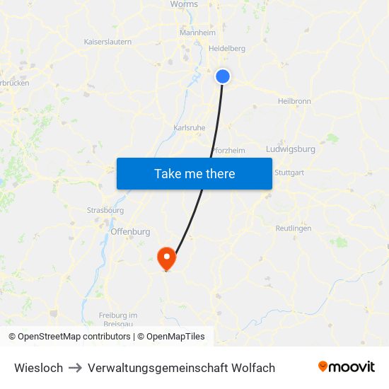Wiesloch to Verwaltungsgemeinschaft Wolfach map