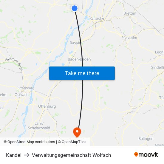 Kandel to Verwaltungsgemeinschaft Wolfach map