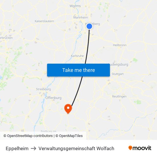 Eppelheim to Verwaltungsgemeinschaft Wolfach map