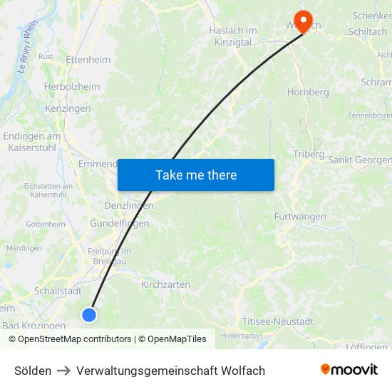 Sölden to Verwaltungsgemeinschaft Wolfach map