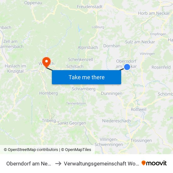 Oberndorf am Neckar to Verwaltungsgemeinschaft Wolfach map
