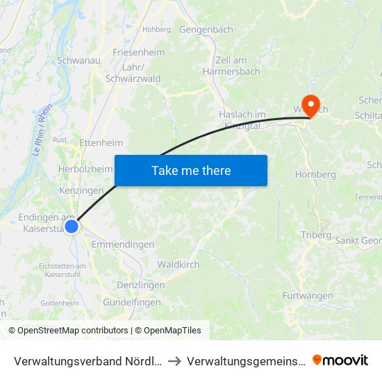 Verwaltungsverband Nördlicher Kaiserstuhl to Verwaltungsgemeinschaft Wolfach map