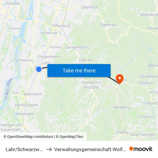 Lahr/Schwarzwald to Verwaltungsgemeinschaft Wolfach map