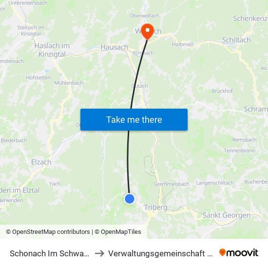 Schonach Im Schwarzwald to Verwaltungsgemeinschaft Wolfach map