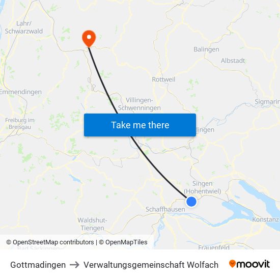 Gottmadingen to Verwaltungsgemeinschaft Wolfach map