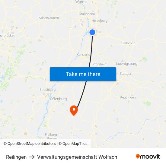 Reilingen to Verwaltungsgemeinschaft Wolfach map