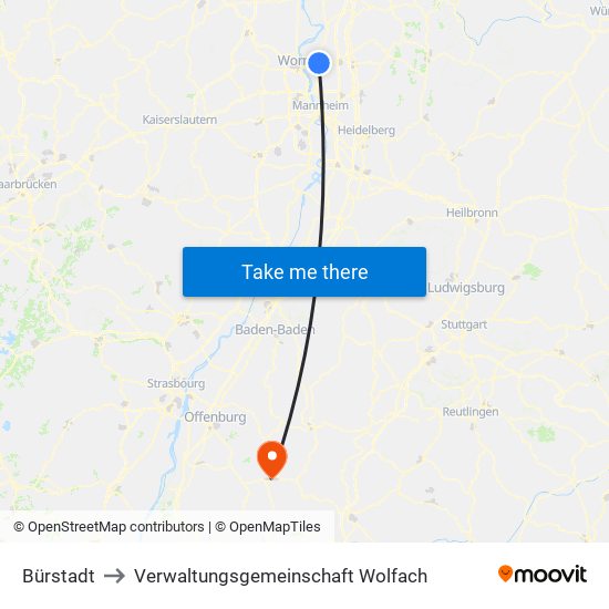 Bürstadt to Verwaltungsgemeinschaft Wolfach map