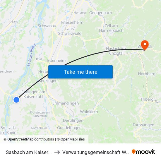 Sasbach am Kaiserstuhl to Verwaltungsgemeinschaft Wolfach map