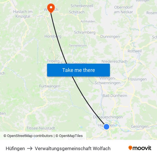 Hüfingen to Verwaltungsgemeinschaft Wolfach map