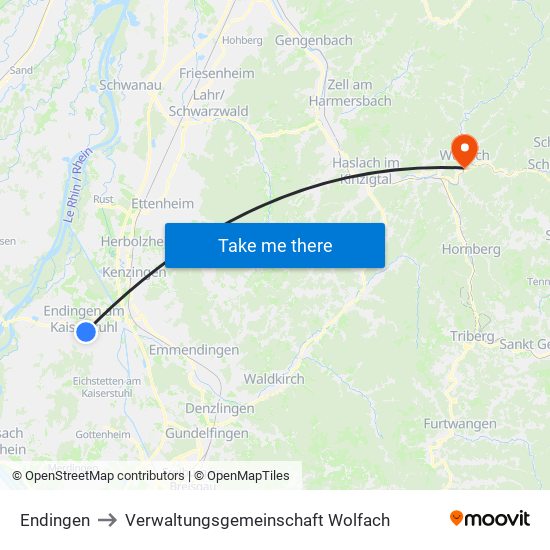 Endingen to Verwaltungsgemeinschaft Wolfach map
