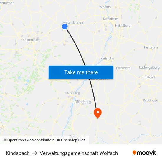 Kindsbach to Verwaltungsgemeinschaft Wolfach map