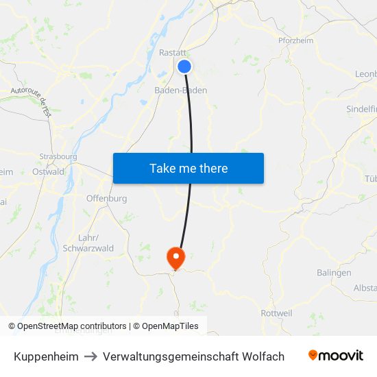 Kuppenheim to Verwaltungsgemeinschaft Wolfach map