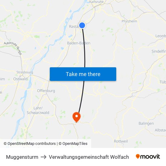 Muggensturm to Verwaltungsgemeinschaft Wolfach map