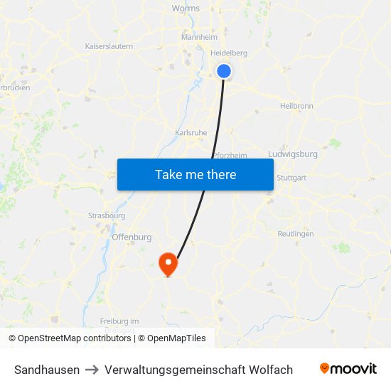 Sandhausen to Verwaltungsgemeinschaft Wolfach map