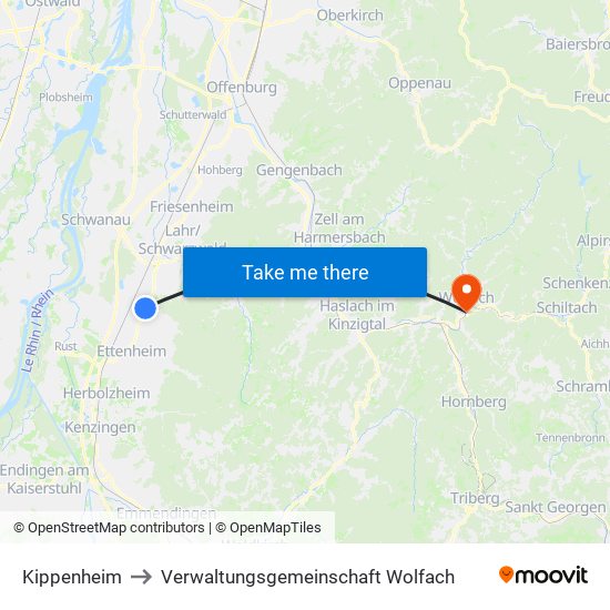 Kippenheim to Verwaltungsgemeinschaft Wolfach map