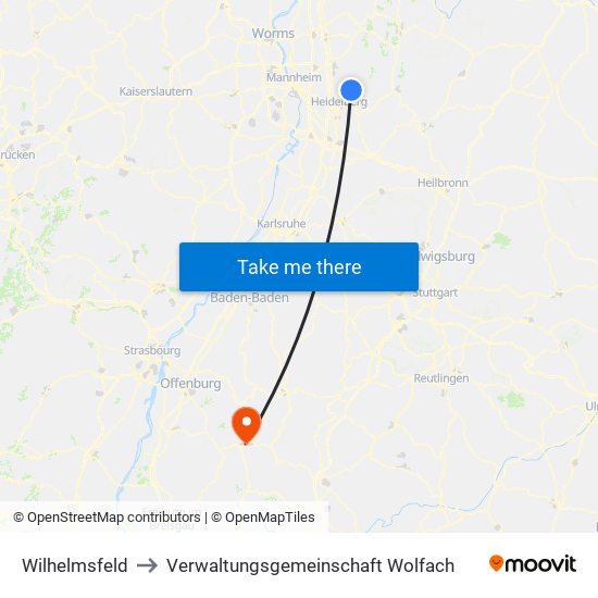 Wilhelmsfeld to Verwaltungsgemeinschaft Wolfach map