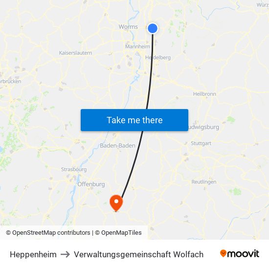 Heppenheim to Verwaltungsgemeinschaft Wolfach map