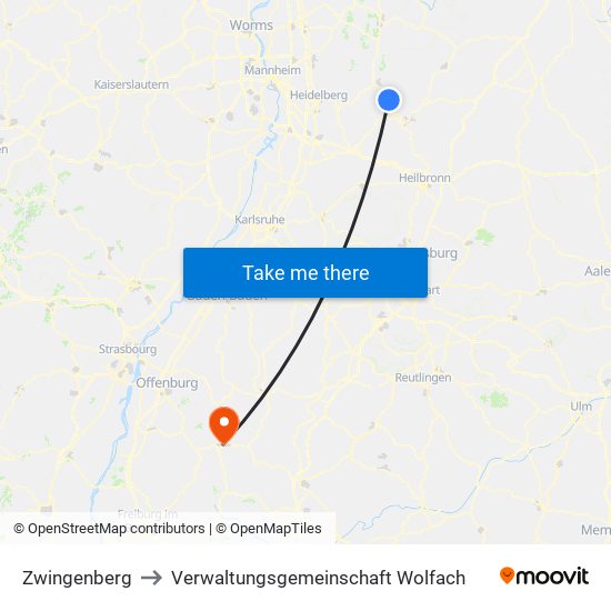 Zwingenberg to Verwaltungsgemeinschaft Wolfach map