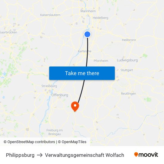 Philippsburg to Verwaltungsgemeinschaft Wolfach map