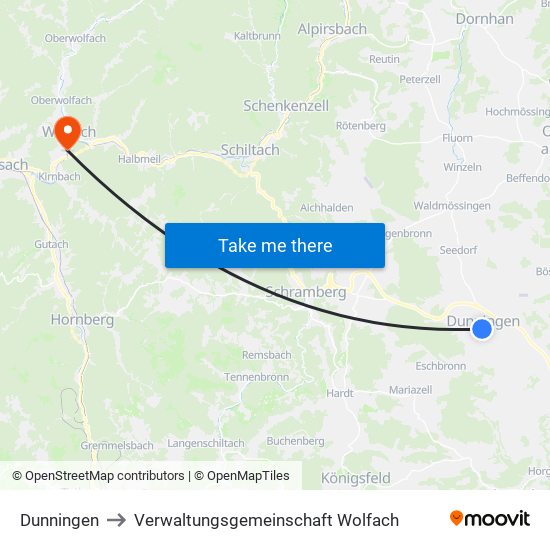 Dunningen to Verwaltungsgemeinschaft Wolfach map