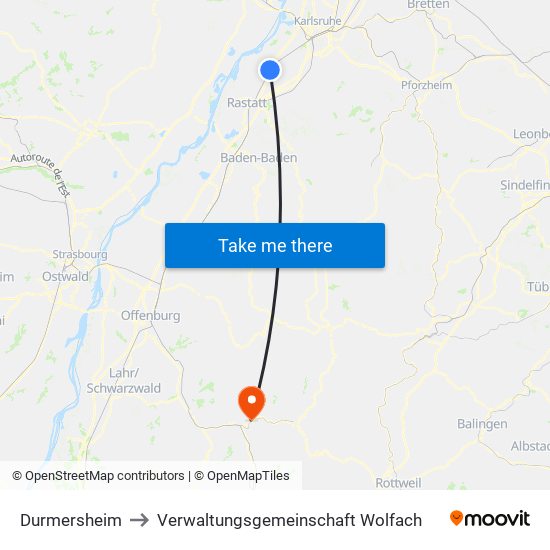 Durmersheim to Verwaltungsgemeinschaft Wolfach map